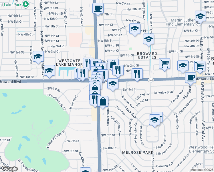 map of restaurants, bars, coffee shops, grocery stores, and more near 3900 West Broward Boulevard in Fort Lauderdale