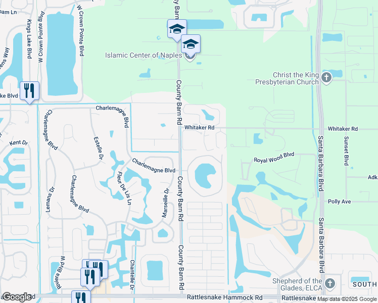 map of restaurants, bars, coffee shops, grocery stores, and more near 5661 Whitaker Road in Naples