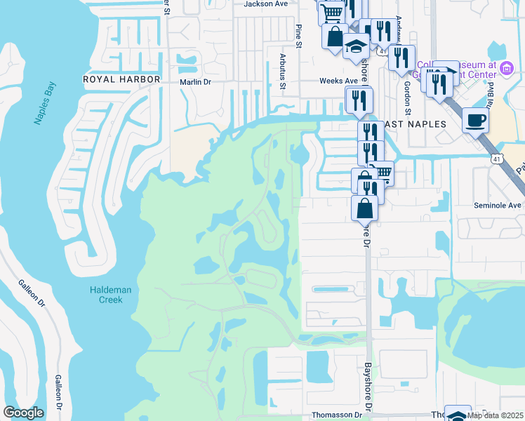 map of restaurants, bars, coffee shops, grocery stores, and more near 3599 Windjammer Circle in Naples