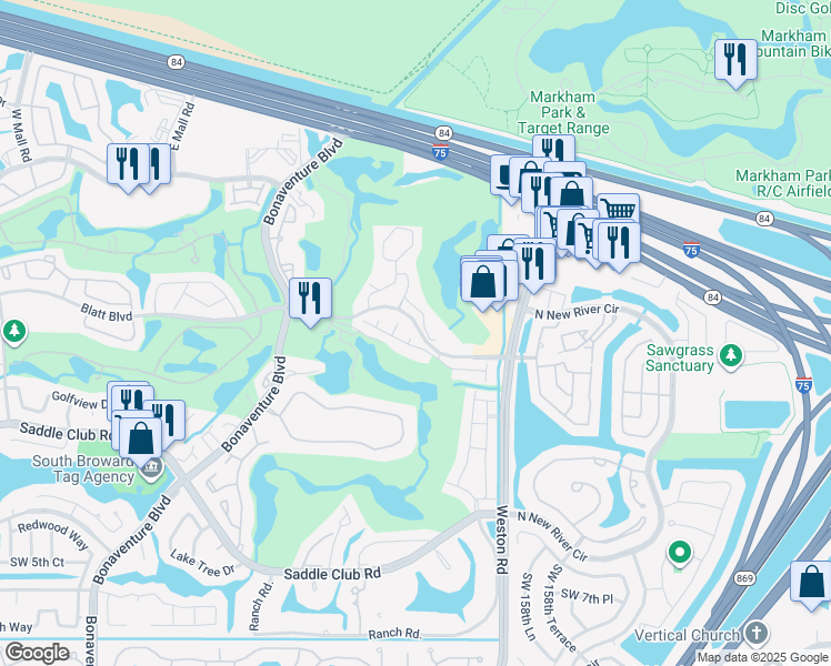 map of restaurants, bars, coffee shops, grocery stores, and more near 16091 Blatt Boulevard in Weston