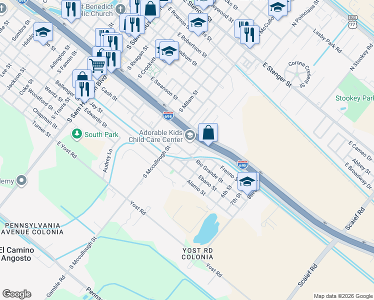 map of restaurants, bars, coffee shops, grocery stores, and more near 815 Rio Grande St in San Benito
