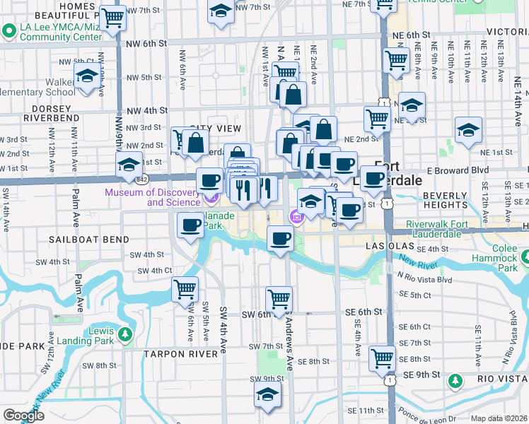 map of restaurants, bars, coffee shops, grocery stores, and more near 300 Southwest 1st Avenue in Fort Lauderdale