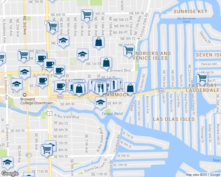 map of restaurants, bars, coffee shops, grocery stores, and more near 1403 Southeast 2nd Street in Fort Lauderdale