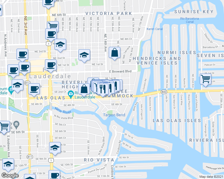 map of restaurants, bars, coffee shops, grocery stores, and more near 1403 Southeast 2nd Street in Fort Lauderdale