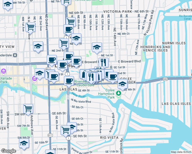 map of restaurants, bars, coffee shops, grocery stores, and more near 38 Southeast 2nd Street in Fort Lauderdale