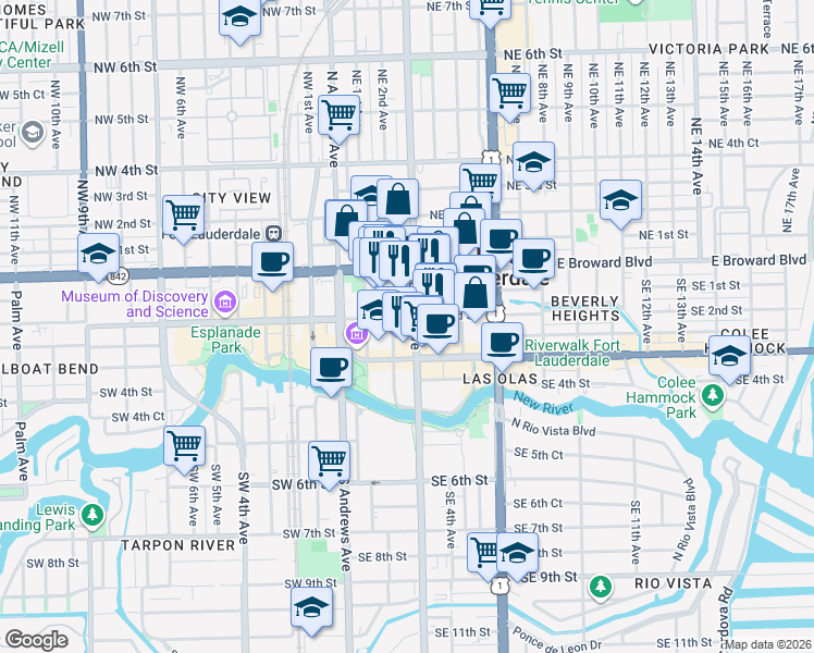 map of restaurants, bars, coffee shops, grocery stores, and more near 161 Southeast 3rd Avenue in Fort Lauderdale