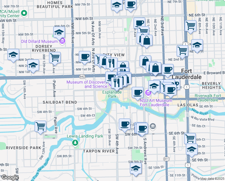 map of restaurants, bars, coffee shops, grocery stores, and more near 401 Himmarshee Street in Fort Lauderdale