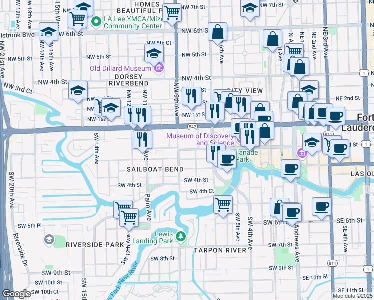 map of restaurants, bars, coffee shops, grocery stores, and more near 816 Southwest 1st Street in Fort Lauderdale