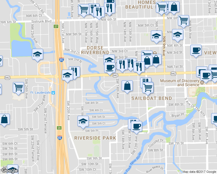 map of restaurants, bars, coffee shops, grocery stores, and more near 1420 Southwest 1st Street in Fort Lauderdale