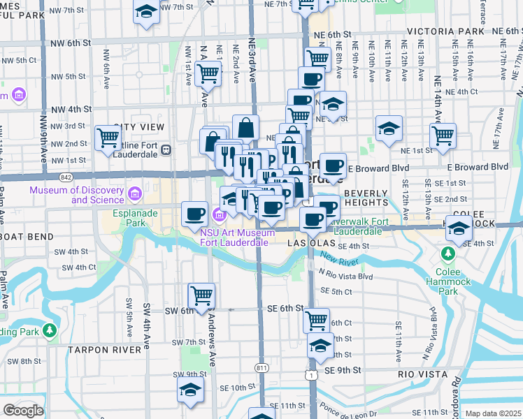 map of restaurants, bars, coffee shops, grocery stores, and more near 161 Southeast 3rd Avenue in Fort Lauderdale