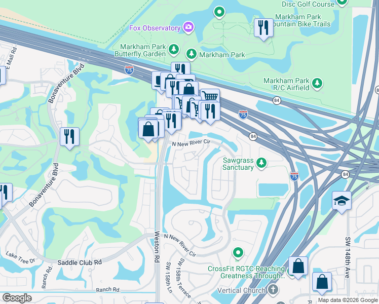 map of restaurants, bars, coffee shops, grocery stores, and more near West Waterside Circle in Sunrise