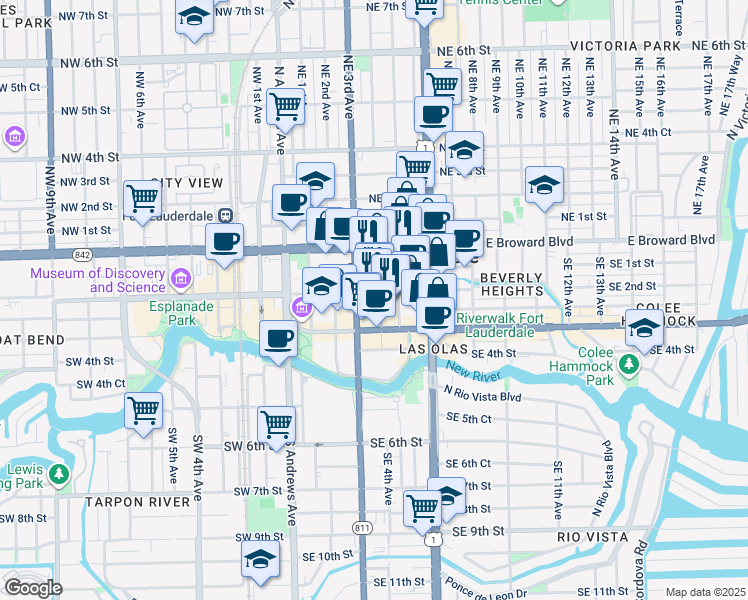 map of restaurants, bars, coffee shops, grocery stores, and more near 350 Southeast 2nd Street in Fort Lauderdale