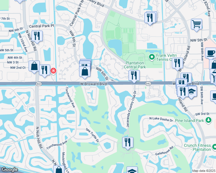 map of restaurants, bars, coffee shops, grocery stores, and more near 10 Wimbledon Lakes Drive in Plantation