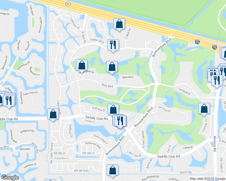 map of restaurants, bars, coffee shops, grocery stores, and more near 16606 Blatt Place in Weston