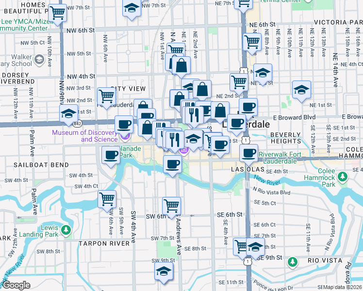 map of restaurants, bars, coffee shops, grocery stores, and more near 115 South Andrews Avenue in Fort Lauderdale
