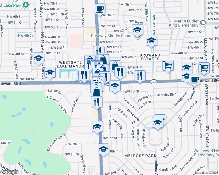 map of restaurants, bars, coffee shops, grocery stores, and more near 3880 West Broward Boulevard in Fort Lauderdale