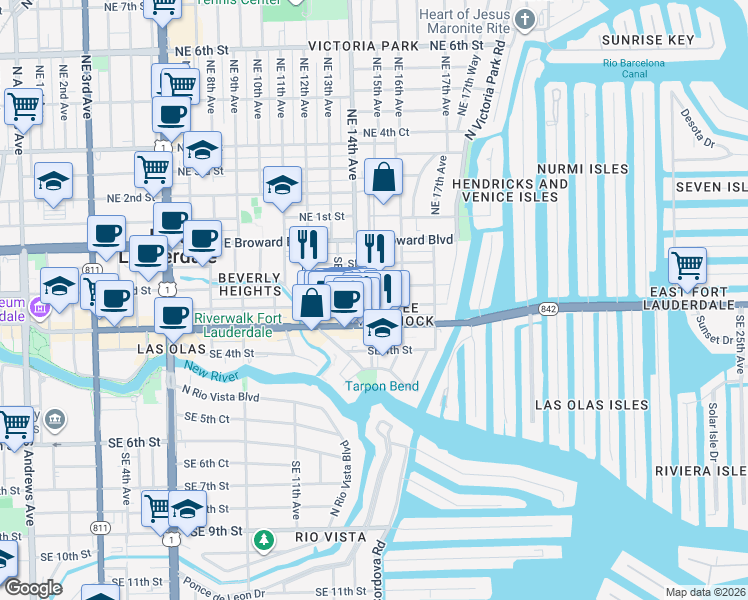 map of restaurants, bars, coffee shops, grocery stores, and more near 1403 Southeast 2nd Street in Fort Lauderdale