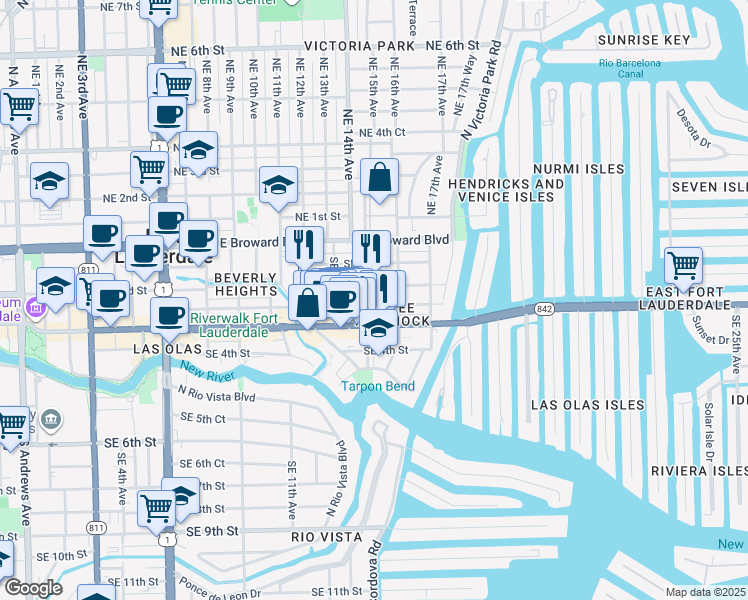 map of restaurants, bars, coffee shops, grocery stores, and more near 1403 Southeast 2nd Street in Fort Lauderdale