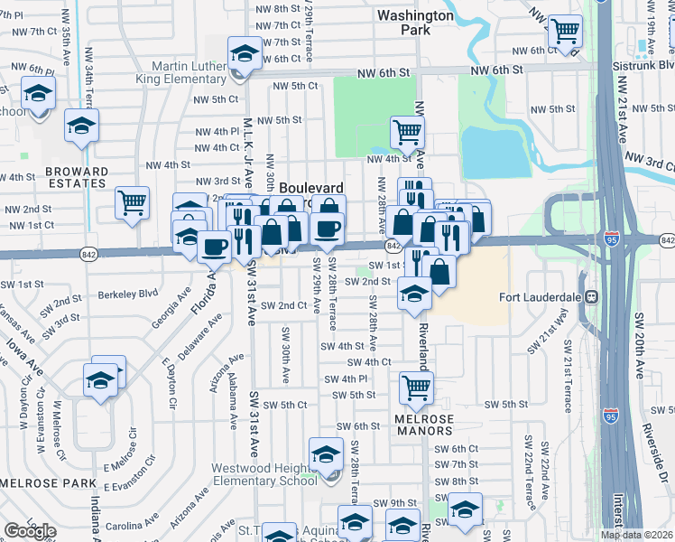 map of restaurants, bars, coffee shops, grocery stores, and more near 2890 West Broward Boulevard in Fort Lauderdale