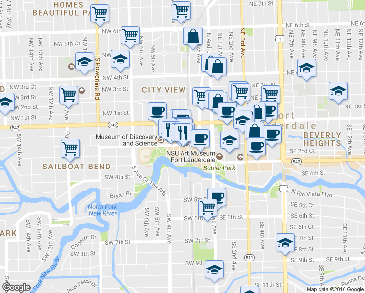 map of restaurants, bars, coffee shops, grocery stores, and more near 199 Southwest 3rd Avenue in Fort Lauderdale