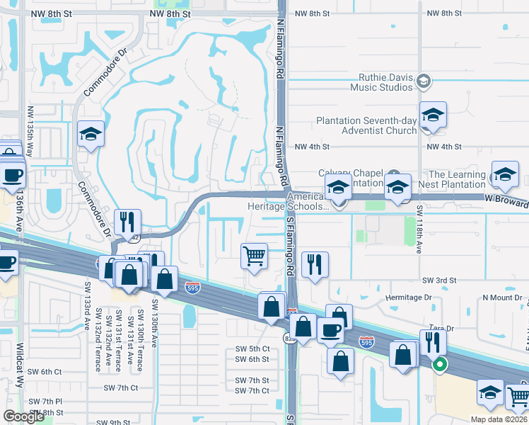 map of restaurants, bars, coffee shops, grocery stores, and more near 12491 Southwest 1st Street in Plantation
