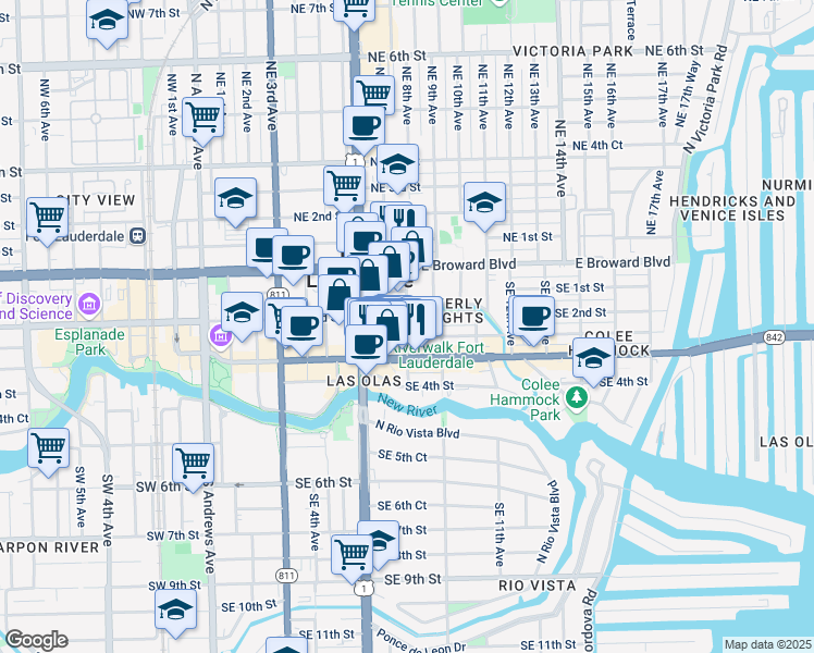 map of restaurants, bars, coffee shops, grocery stores, and more near 210 Southeast 8th Avenue in Fort Lauderdale