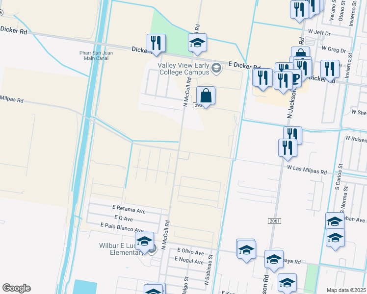 map of restaurants, bars, coffee shops, grocery stores, and more near 2801 West Las Milpas Road in Hidalgo