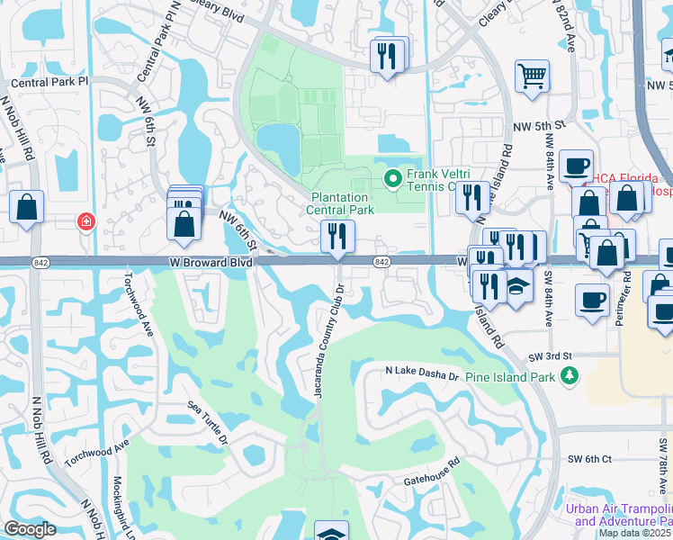 map of restaurants, bars, coffee shops, grocery stores, and more near 302 Jacaranda Country Club Drive in Plantation