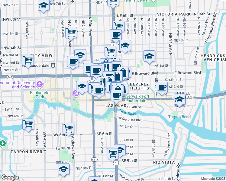 map of restaurants, bars, coffee shops, grocery stores, and more near 501 Southeast 2nd Street in Fort Lauderdale