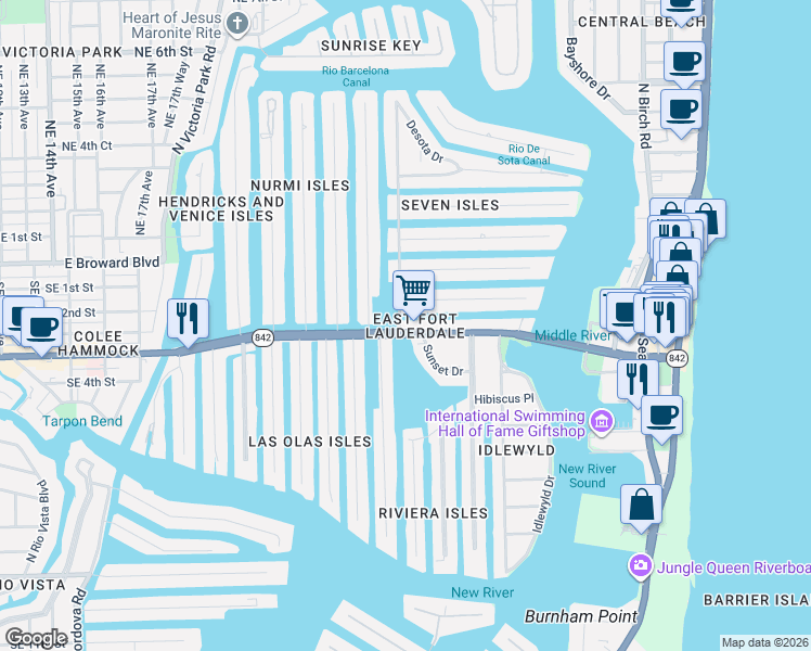 map of restaurants, bars, coffee shops, grocery stores, and more near 2310 Delmar Place in Fort Lauderdale