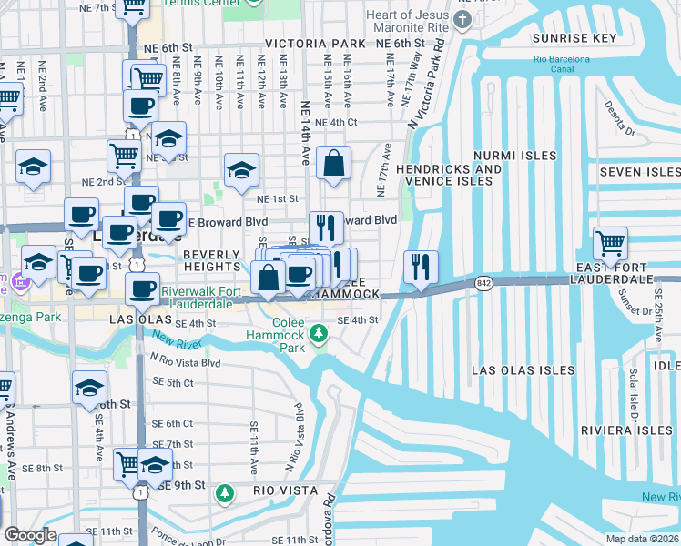 map of restaurants, bars, coffee shops, grocery stores, and more near 1601 Southeast 2nd Street in Fort Lauderdale