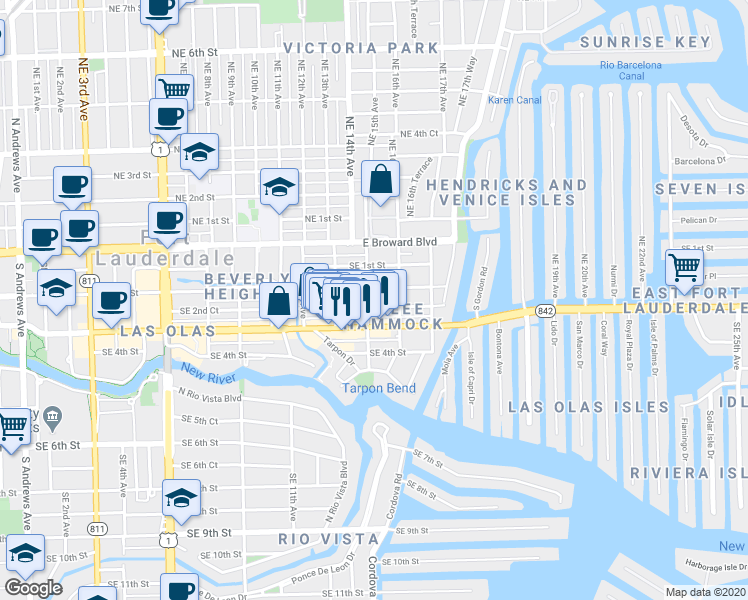 map of restaurants, bars, coffee shops, grocery stores, and more near 1403 Southeast 2nd Street in Fort Lauderdale