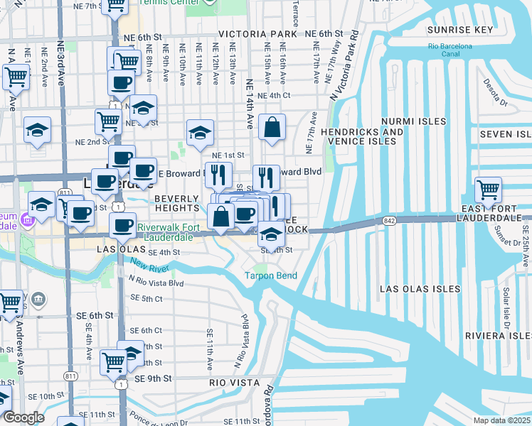 map of restaurants, bars, coffee shops, grocery stores, and more near 1403 Southeast 2nd Street in Fort Lauderdale