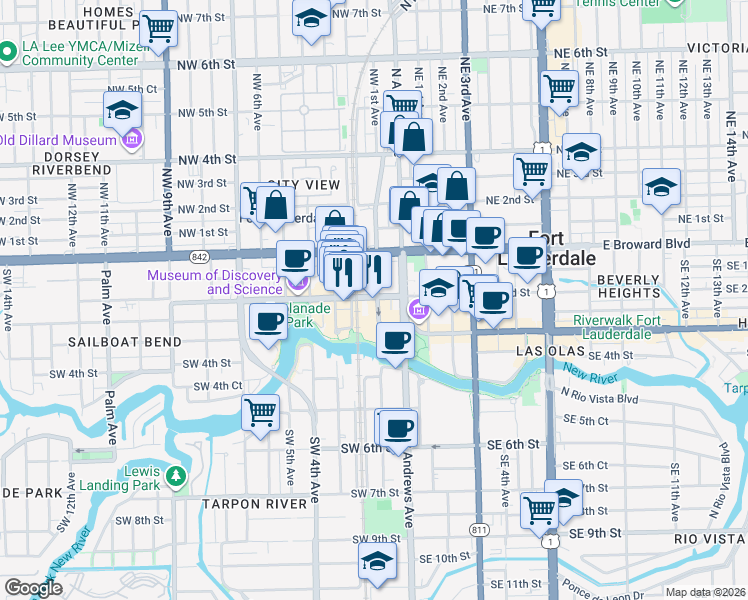 map of restaurants, bars, coffee shops, grocery stores, and more near 151 Southwest 2nd Street in Fort Lauderdale