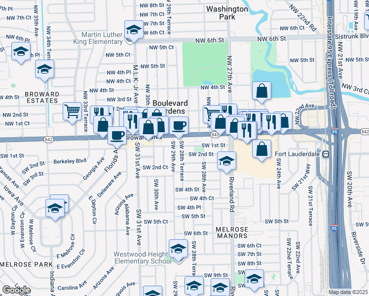 map of restaurants, bars, coffee shops, grocery stores, and more near 2890 West Broward Boulevard in Fort Lauderdale