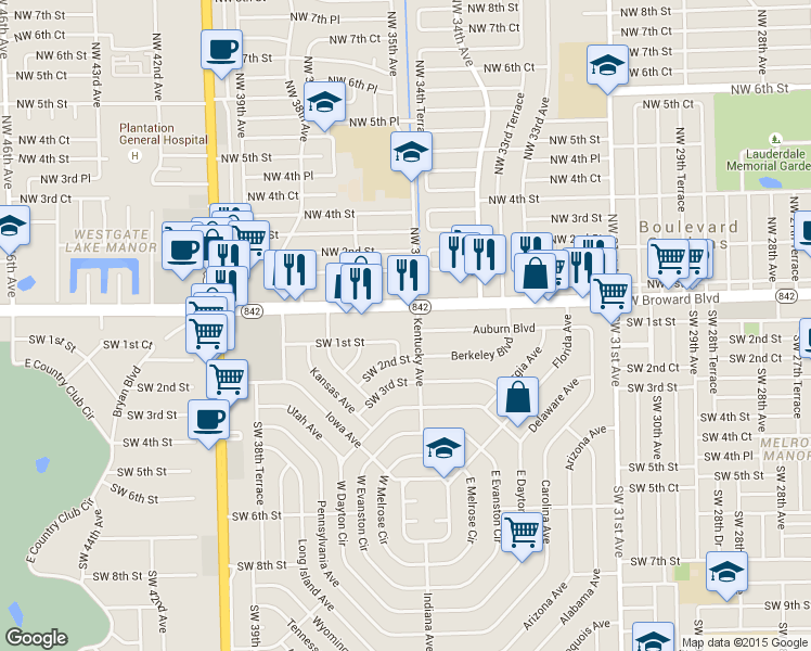 map of restaurants, bars, coffee shops, grocery stores, and more near in Lauderhill