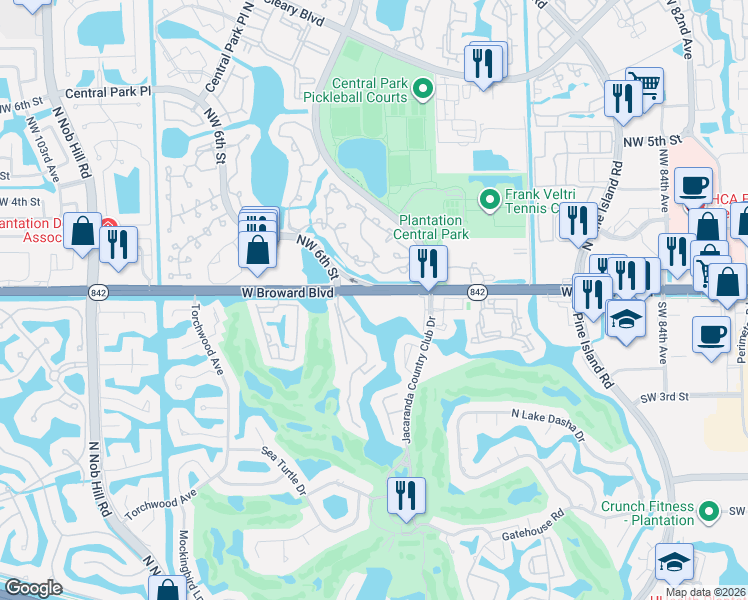 map of restaurants, bars, coffee shops, grocery stores, and more near in Plantation
