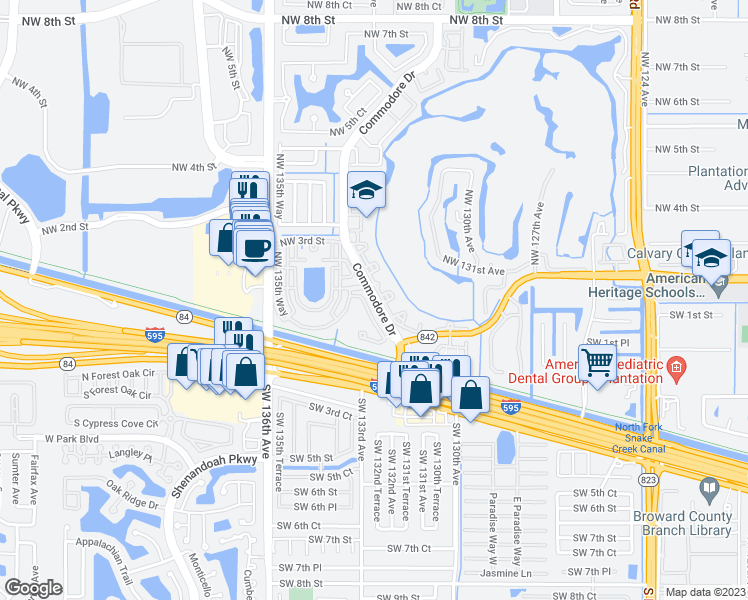 map of restaurants, bars, coffee shops, grocery stores, and more near 200 Commodore Drive in Plantation