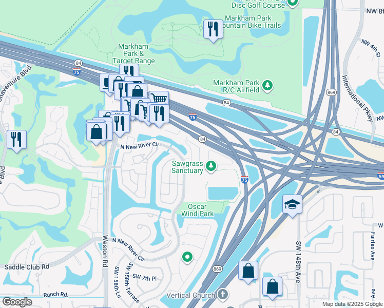 map of restaurants, bars, coffee shops, grocery stores, and more near 189 Riverwalk Circle in Sunrise