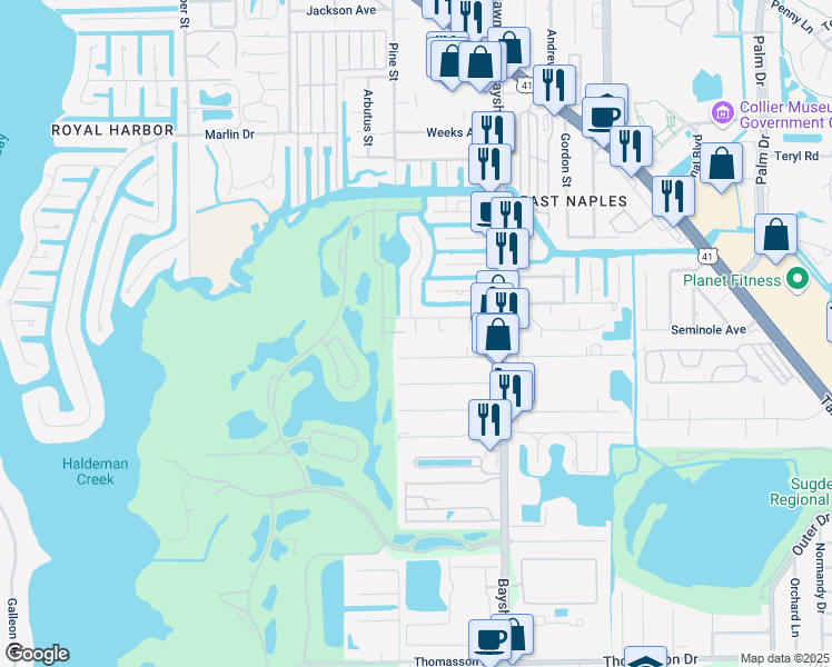 map of restaurants, bars, coffee shops, grocery stores, and more near 3484 Lakeview Drive in Naples