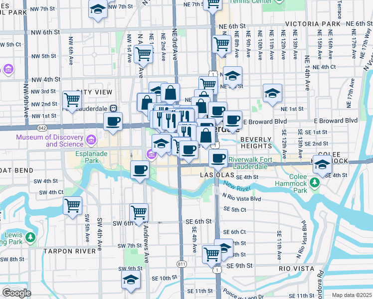 map of restaurants, bars, coffee shops, grocery stores, and more near 161 Southeast 3rd Avenue in Fort Lauderdale