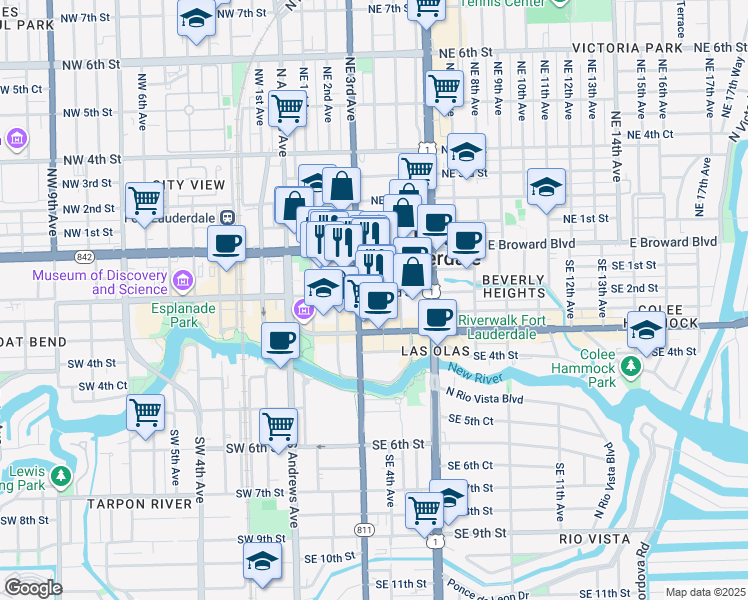 map of restaurants, bars, coffee shops, grocery stores, and more near 350 Southeast 2nd Street in Fort Lauderdale