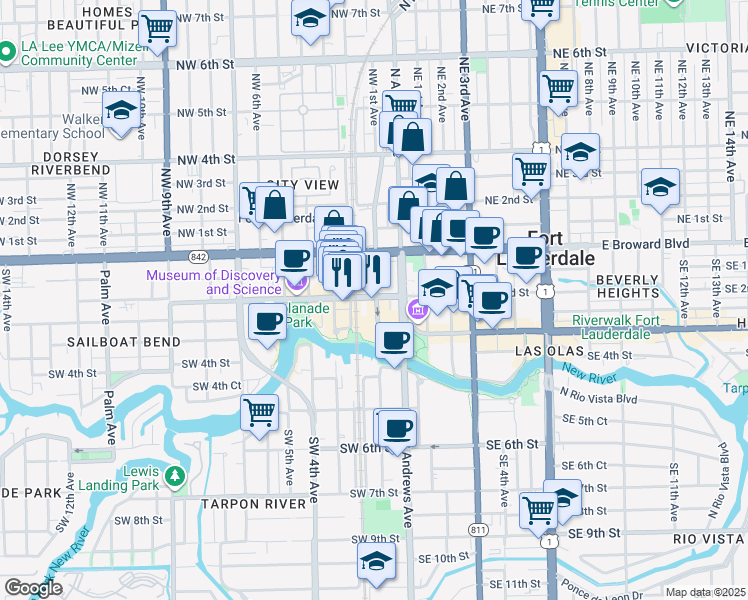 map of restaurants, bars, coffee shops, grocery stores, and more near 151 Southwest 2nd Street in Fort Lauderdale