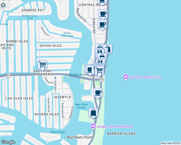 map of restaurants, bars, coffee shops, grocery stores, and more near 135 Poinsettia Street in Fort Lauderdale