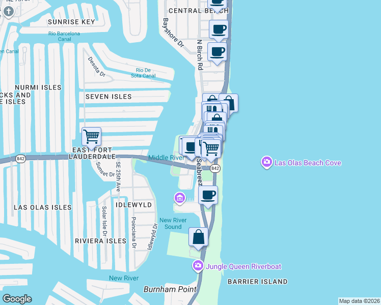 map of restaurants, bars, coffee shops, grocery stores, and more near 135 Poinsettia Street in Fort Lauderdale