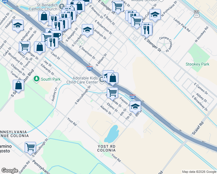 map of restaurants, bars, coffee shops, grocery stores, and more near U.S. 83 in San Benito