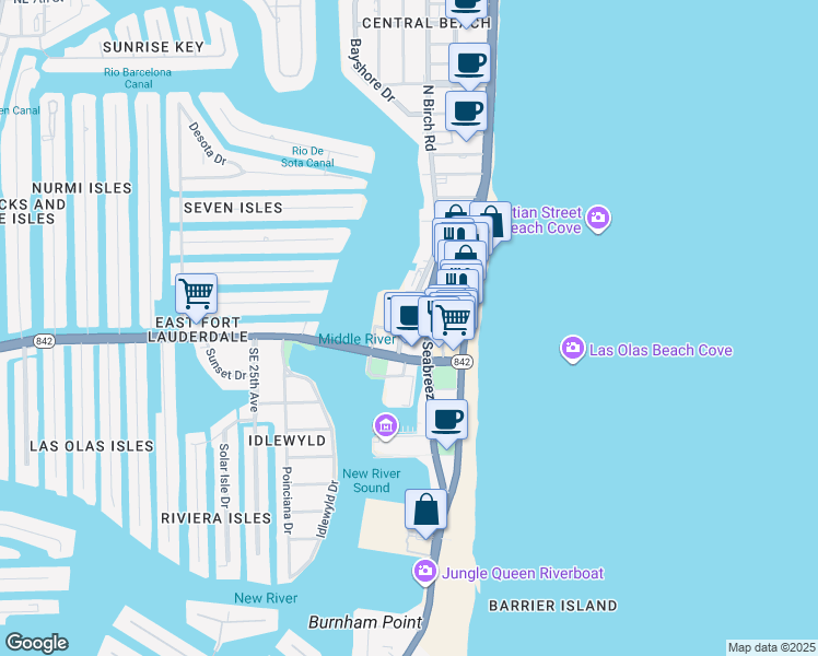 map of restaurants, bars, coffee shops, grocery stores, and more near 135 Poinsettia Street in Fort Lauderdale