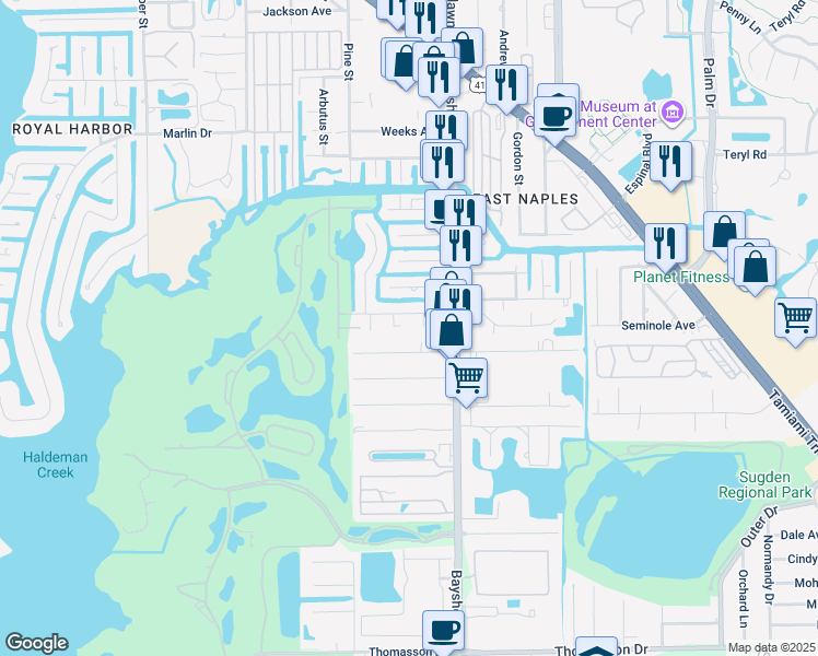 map of restaurants, bars, coffee shops, grocery stores, and more near 2730 Lakeview Dr in Naples