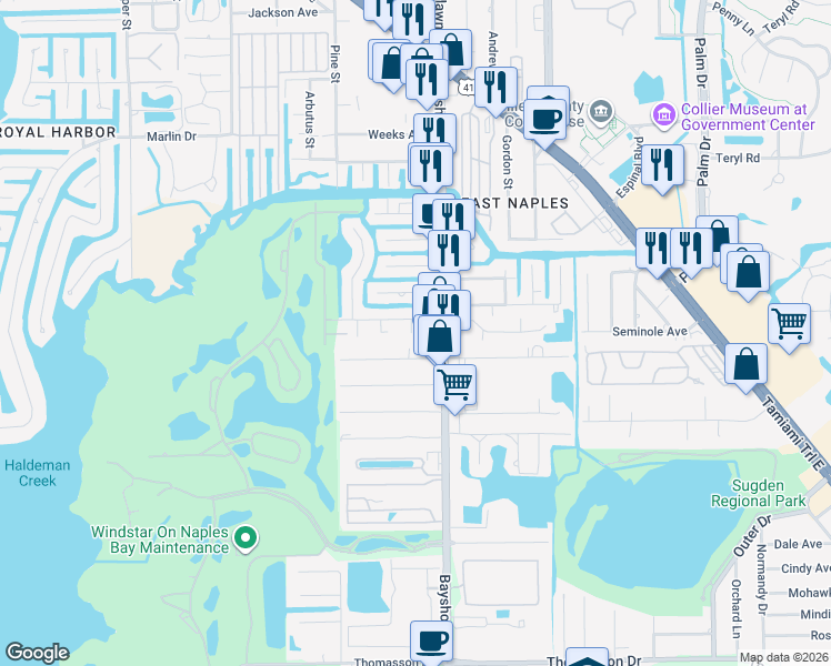 map of restaurants, bars, coffee shops, grocery stores, and more near 3470 Bayshore Drive in Naples