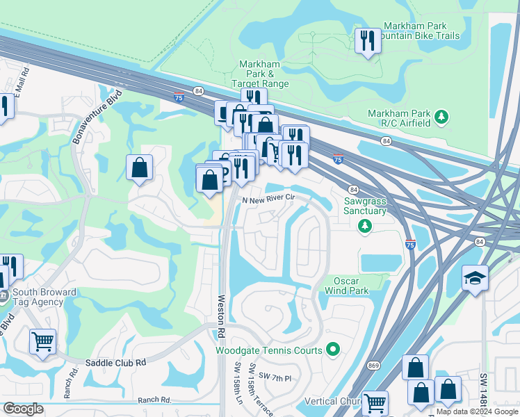 map of restaurants, bars, coffee shops, grocery stores, and more near 15801 West Waterside Circle in Sunrise